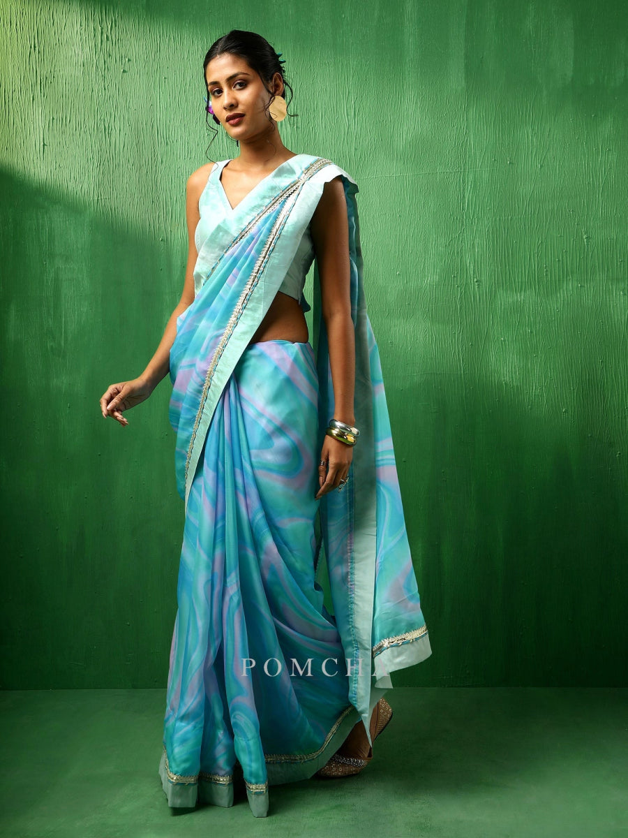 ADAA BLUE MARBLE PRINT ORGANZA SAREE - Pomcha Jaipur
