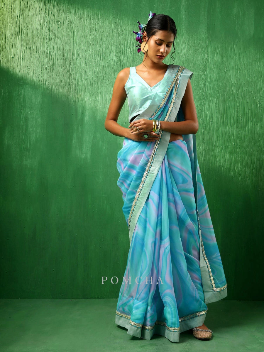 ADAA BLUE MARBLE PRINT ORGANZA SAREE - Pomcha Jaipur
