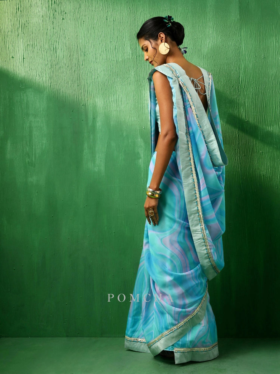 ADAA BLUE MARBLE PRINT ORGANZA SAREE - Pomcha Jaipur