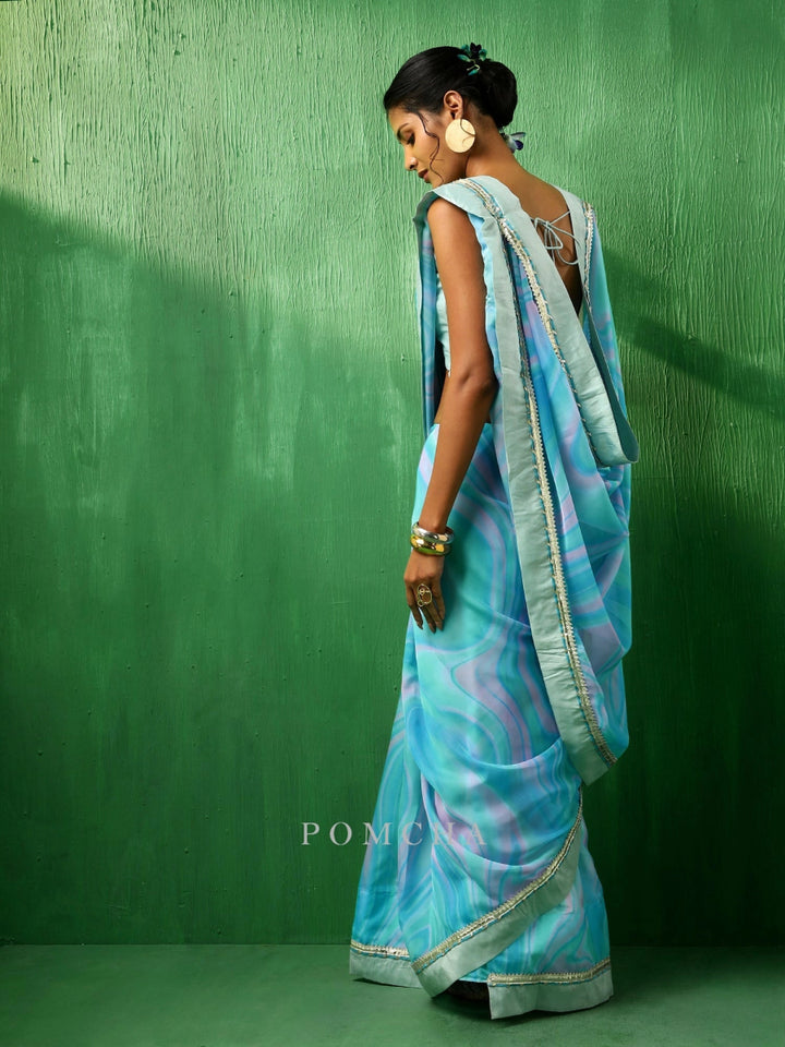 ADAA BLUE MARBLE PRINT ORGANZA SAREE - Pomcha Jaipur