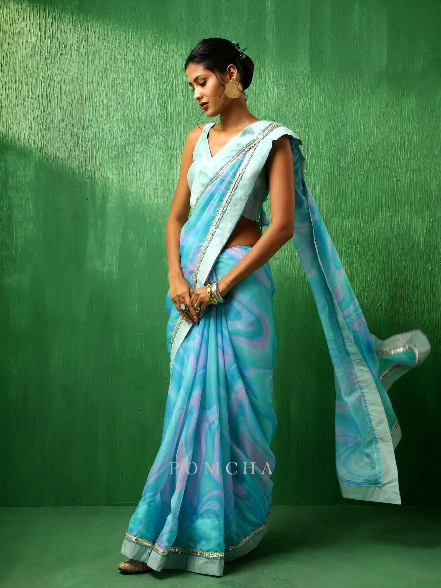 ADAA BLUE MARBLE PRINT ORGANZA SAREE - Pomcha Jaipur