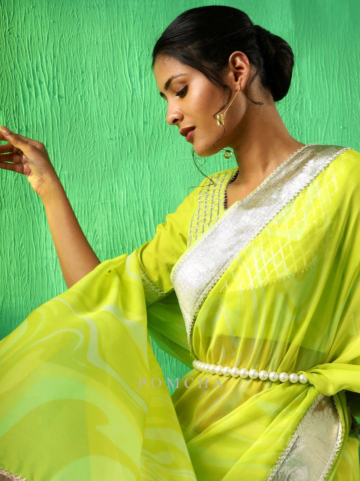ADAA BRIGHT GREEN ORGANZA SAREE - Pomcha Jaipur