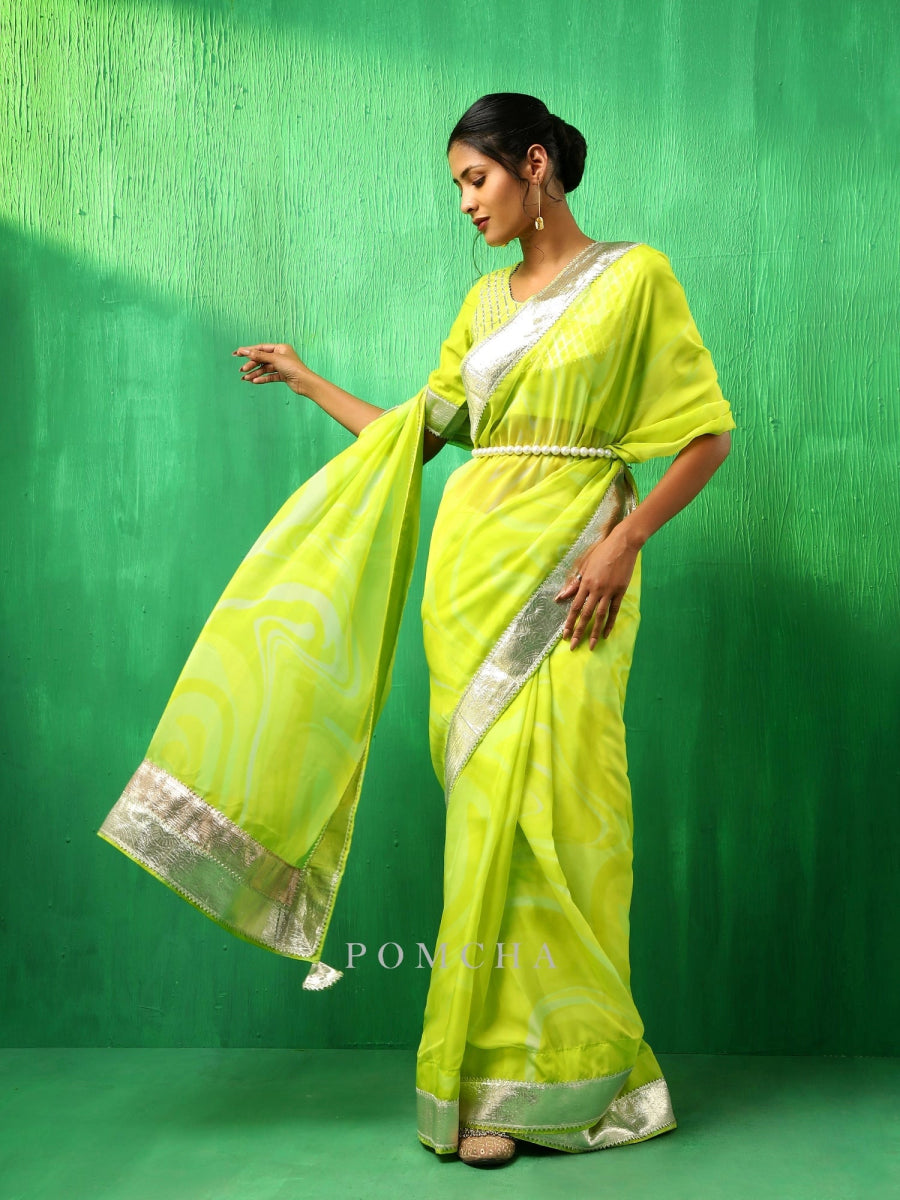 ADAA BRIGHT GREEN ORGANZA SAREE - Pomcha Jaipur