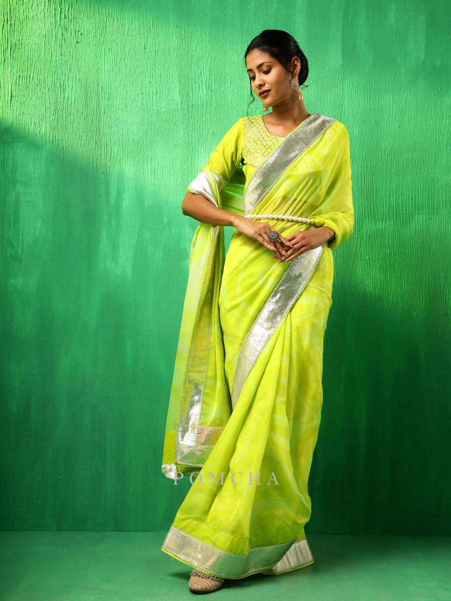 ADAA BRIGHT GREEN ORGANZA SAREE - Pomcha Jaipur