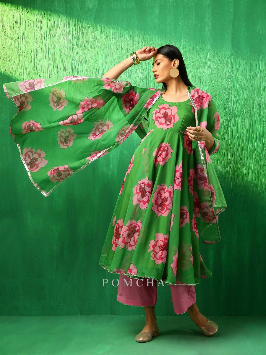 ADAA GREEN CARNATION ORGANZA ANARKALI SET WITH ORGANZA DUPATTA - Pomcha Jaipur