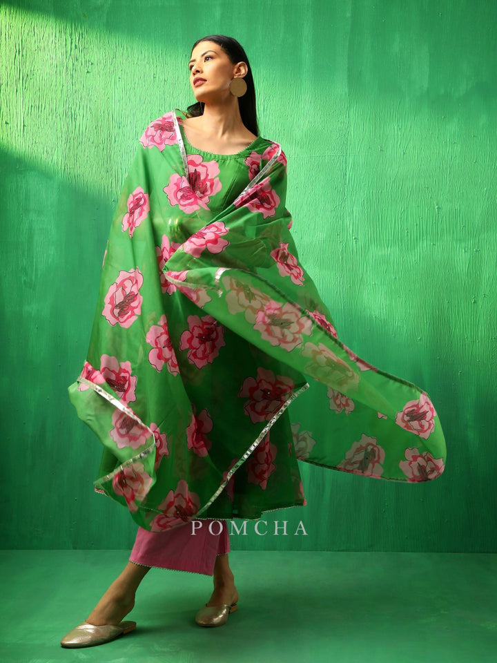 ADAA GREEN CARNATION ORGANZA ANARKALI SET WITH ORGANZA DUPATTA - Pomcha Jaipur