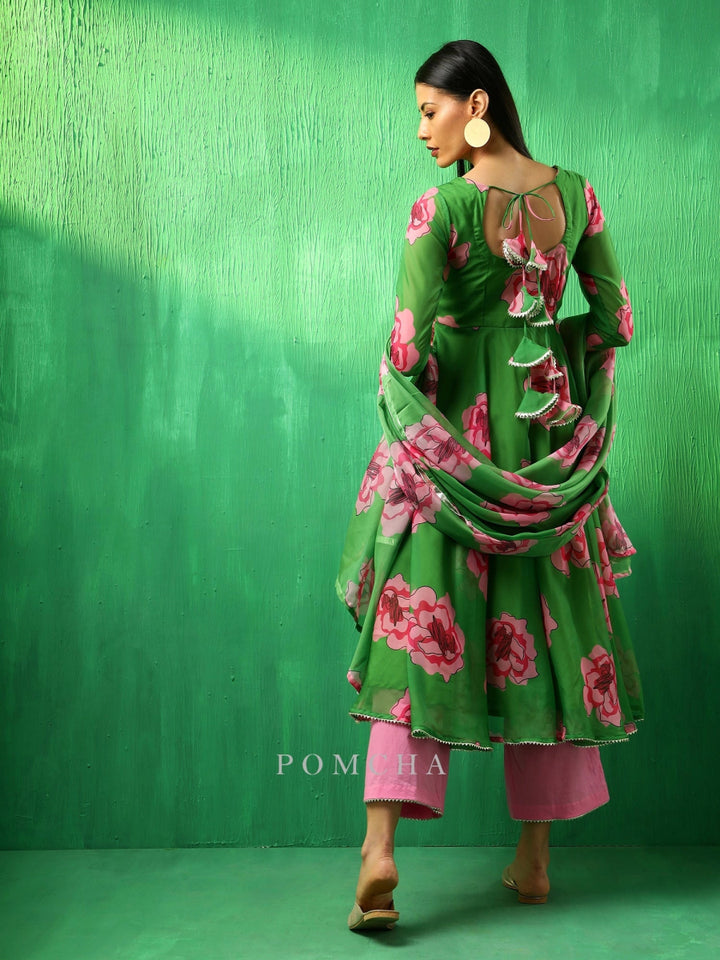 ADAA GREEN CARNATION ORGANZA ANARKALI SET WITH ORGANZA DUPATTA - Pomcha Jaipur
