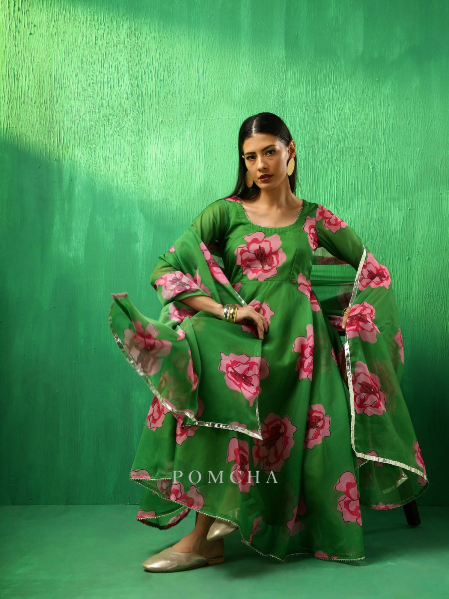 ADAA GREEN CARNATION ORGANZA ANARKALI SET WITH ORGANZA DUPATTA - Pomcha Jaipur