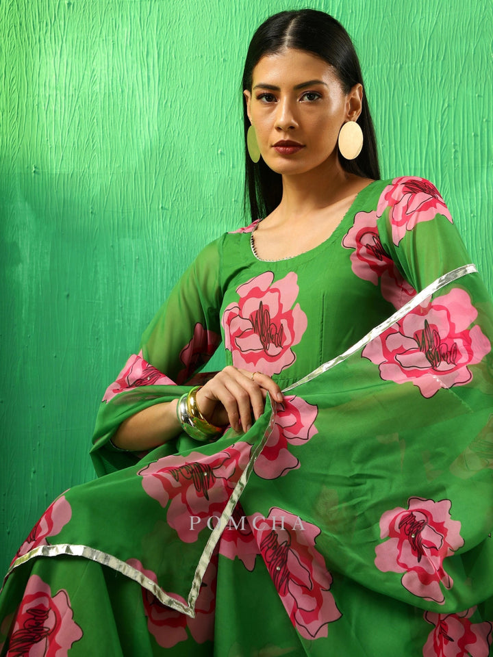 ADAA GREEN CARNATION ORGANZA ANARKALI SET WITH ORGANZA DUPATTA - Pomcha Jaipur
