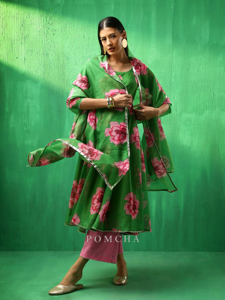 ADAA GREEN CARNATION ORGANZA ANARKALI SET WITH ORGANZA DUPATTA - Pomcha Jaipur