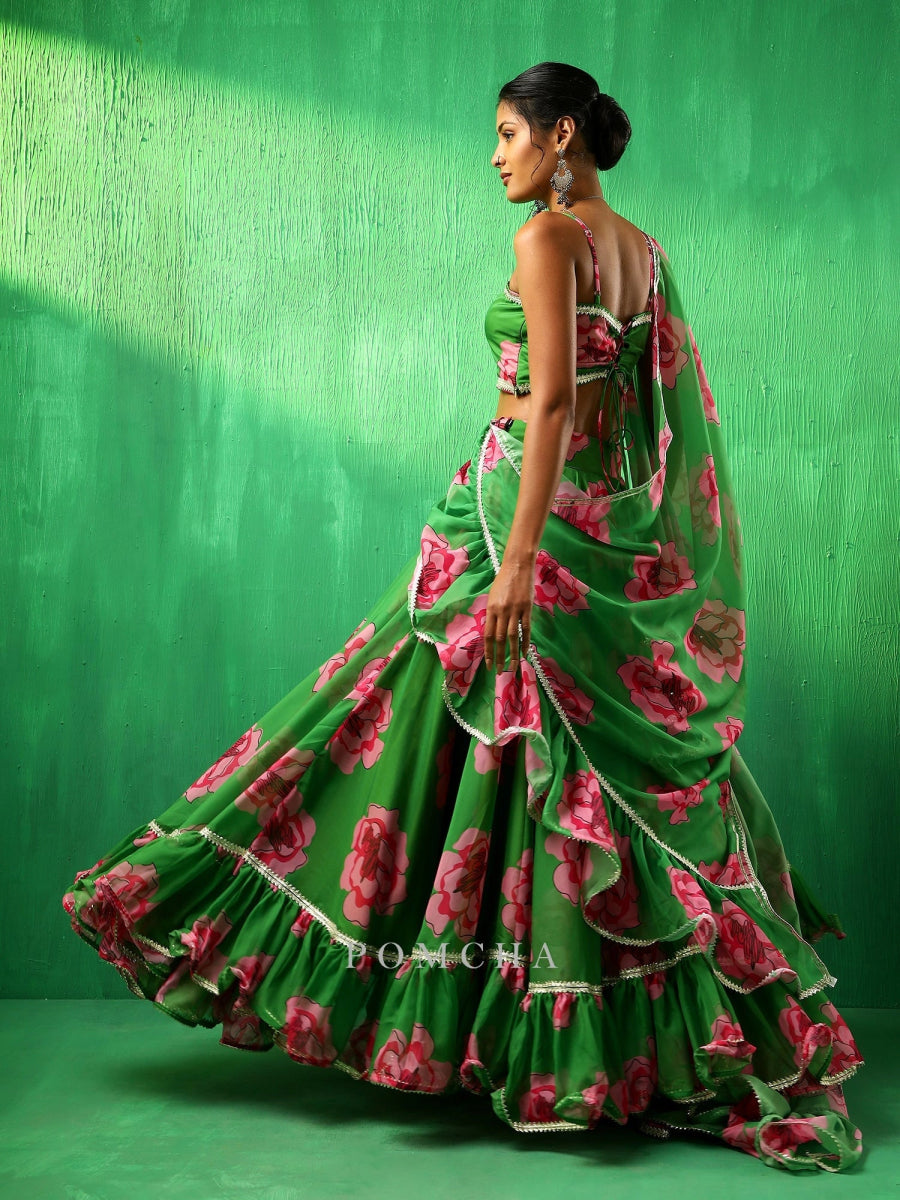ADAA GREEN CARNATION ORGANZA FRILL LEHENGA WITH ORGANZA DUPATTA SET - Pomcha Jaipur