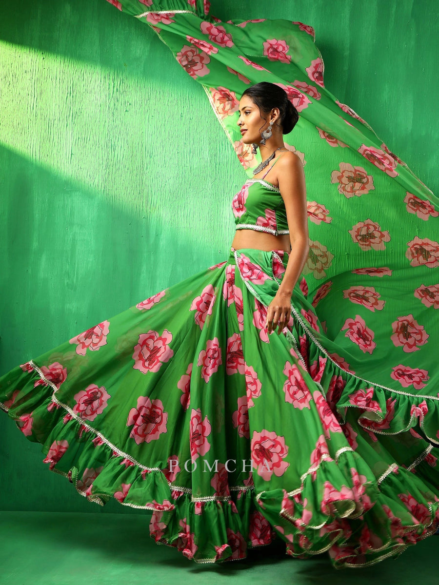 ADAA GREEN CARNATION ORGANZA FRILL LEHENGA WITH ORGANZA DUPATTA SET - Pomcha Jaipur