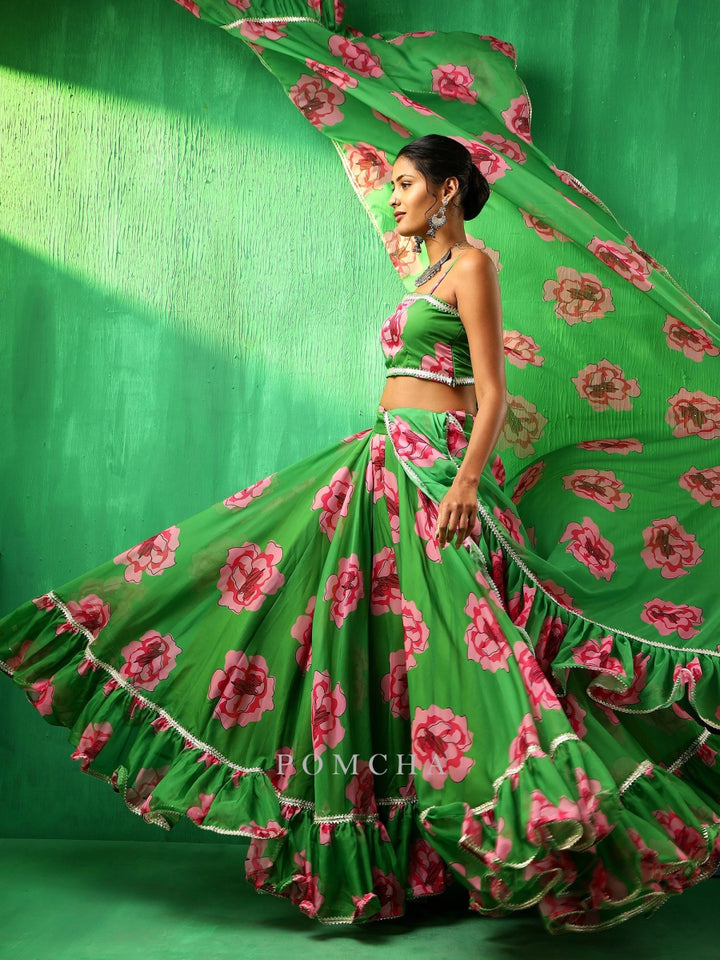 ADAA GREEN CARNATION ORGANZA FRILL LEHENGA WITH ORGANZA DUPATTA SET - Pomcha Jaipur
