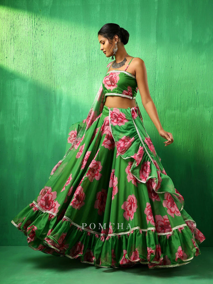 ADAA GREEN CARNATION ORGANZA FRILL LEHENGA WITH ORGANZA DUPATTA SET - Pomcha Jaipur