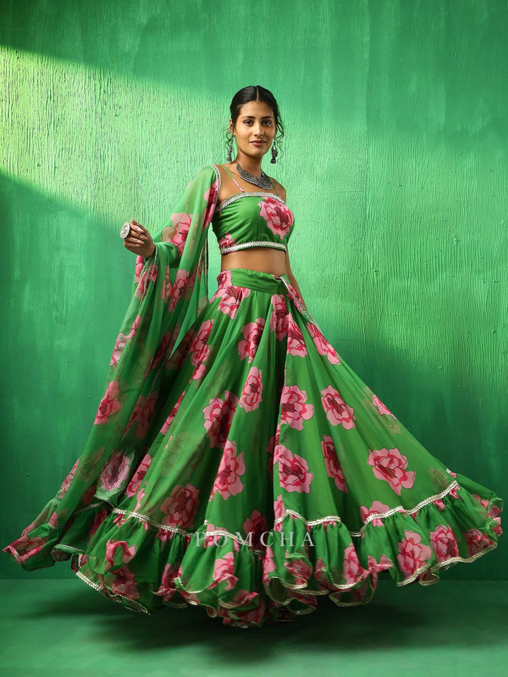 ADAA GREEN CARNATION ORGANZA FRILL LEHENGA WITH ORGANZA DUPATTA SET - Pomcha Jaipur