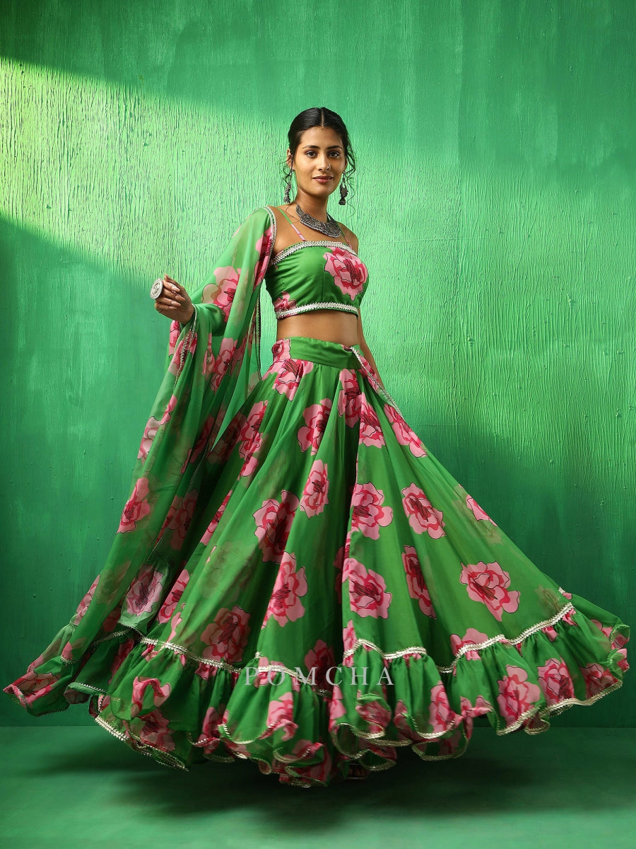 ADAA GREEN CARNATION ORGANZA FRILL LEHENGA WITH ORGANZA DUPATTA SET - Pomcha Jaipur