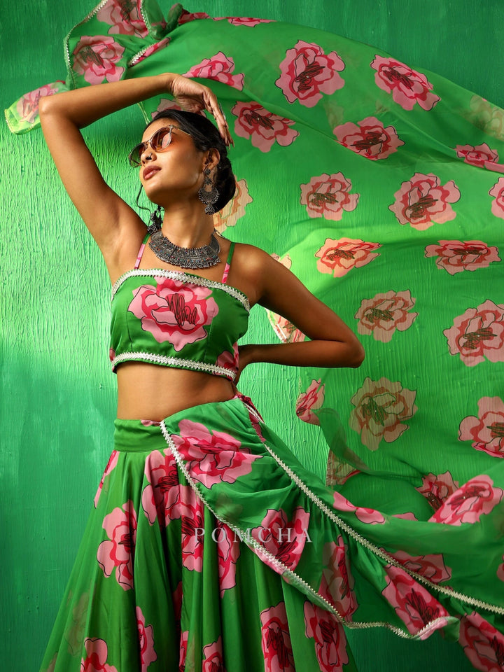 ADAA GREEN CARNATION ORGANZA FRILL LEHENGA WITH ORGANZA DUPATTA SET - Pomcha Jaipur