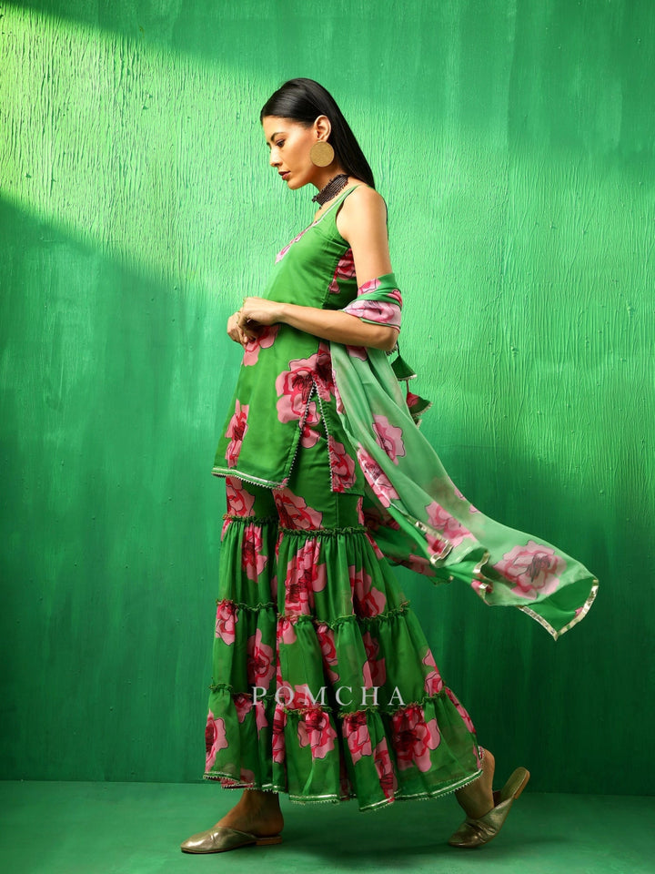 ADAA GREEN CARNATION ORGANZA SHARARA SET - Pomcha Jaipur
