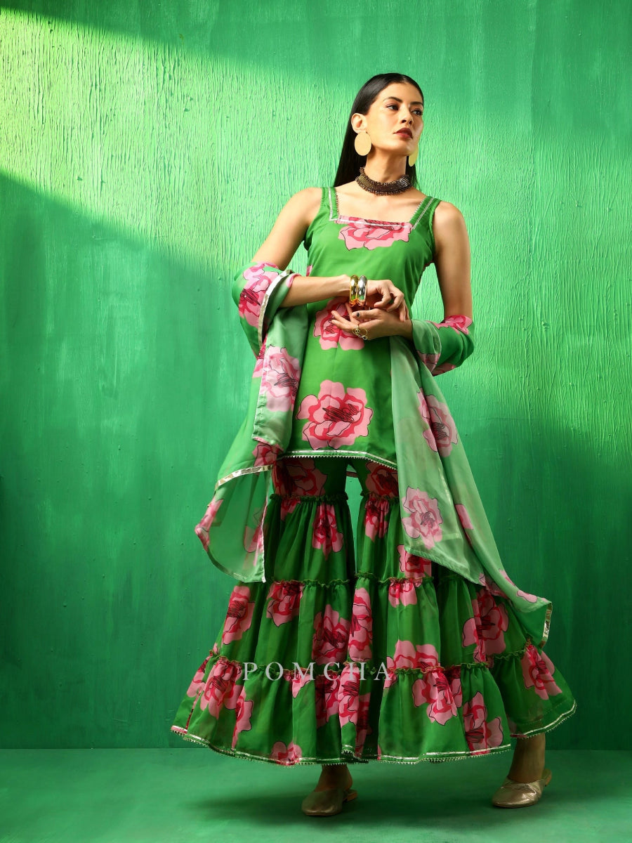ADAA GREEN CARNATION ORGANZA SHARARA SET - Pomcha Jaipur