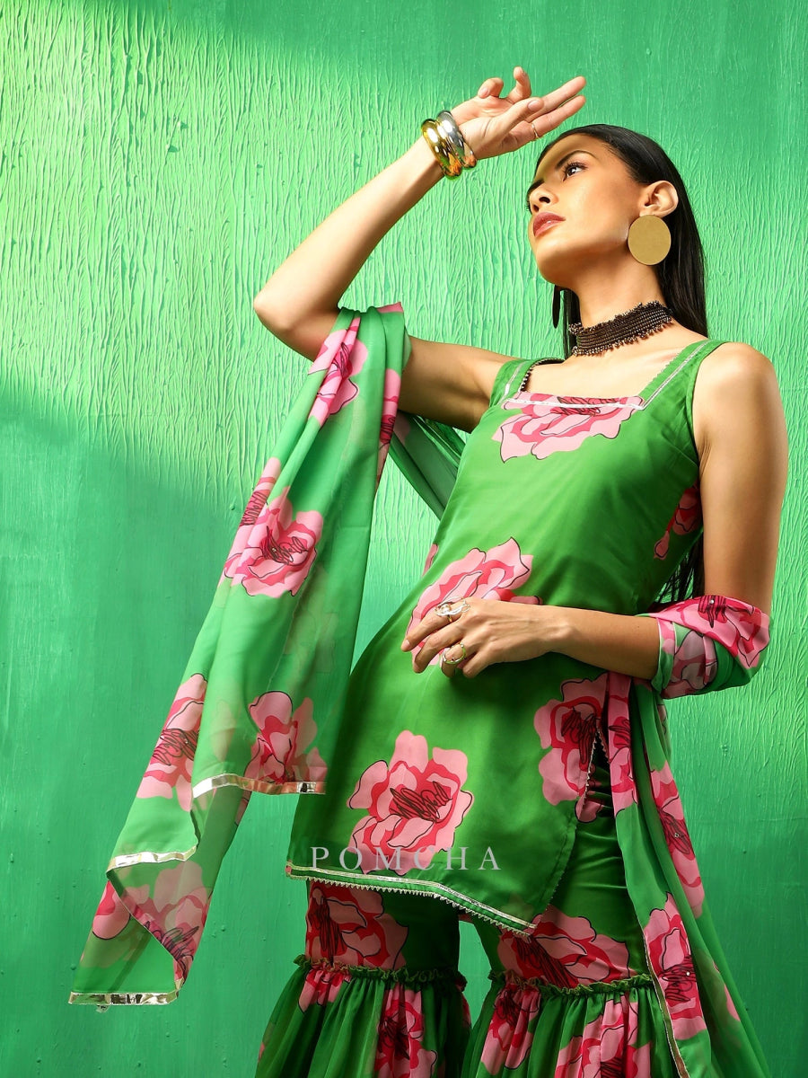 ADAA GREEN CARNATION ORGANZA SHARARA SET - Pomcha Jaipur