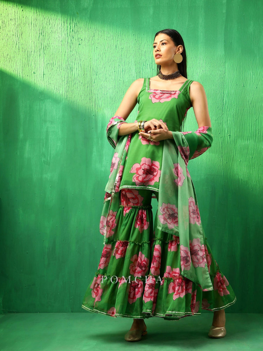 ADAA GREEN CARNATION ORGANZA SHARARA SET - Pomcha Jaipur