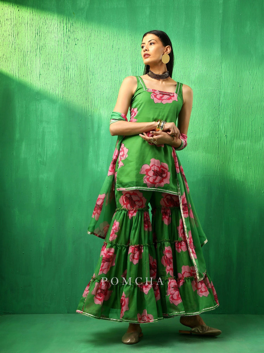 ADAA GREEN CARNATION ORGANZA SHARARA SET - Pomcha Jaipur