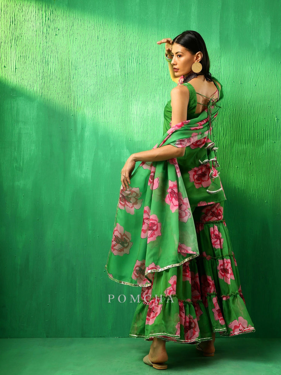 ADAA GREEN CARNATION ORGANZA SHARARA SET - Pomcha Jaipur