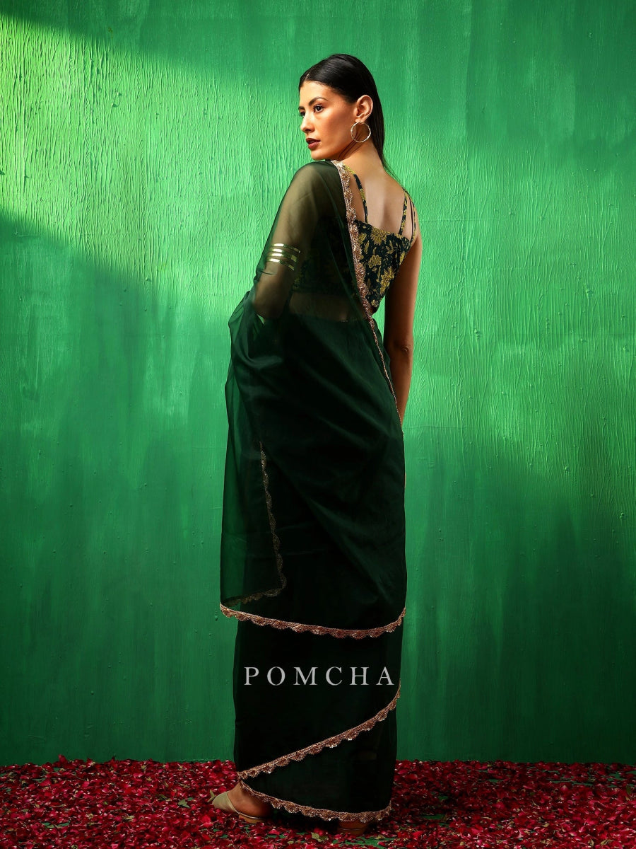 ADAA IDIKA GREEN ORGANZA SAREE - Pomcha Jaipur