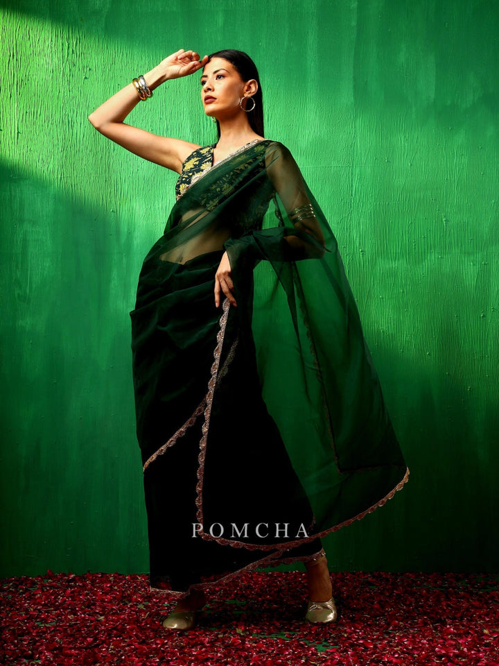ADAA IDIKA GREEN ORGANZA SAREE - Pomcha Jaipur
