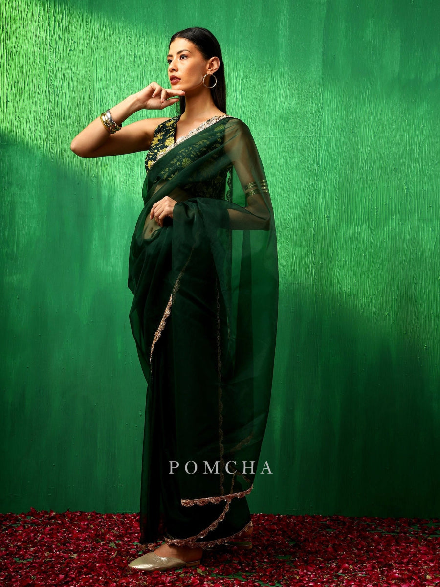 ADAA IDIKA GREEN ORGANZA SAREE - Pomcha Jaipur