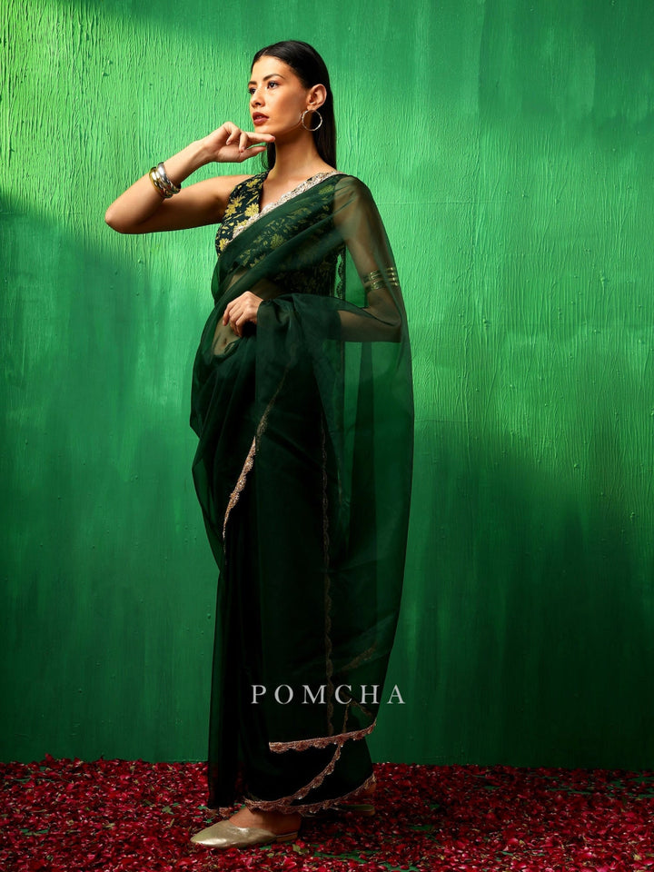 ADAA IDIKA GREEN ORGANZA SAREE - Pomcha Jaipur