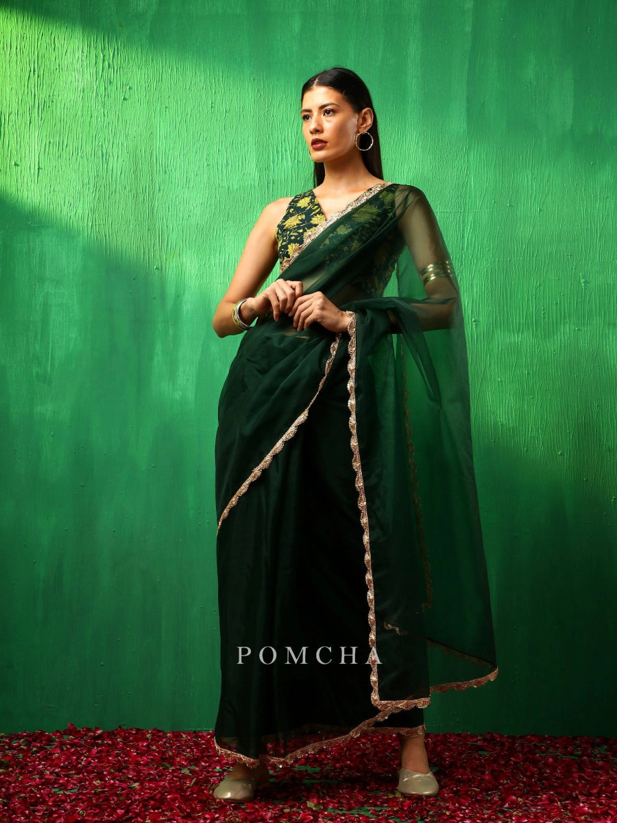 ADAA IDIKA GREEN ORGANZA SAREE - Pomcha Jaipur