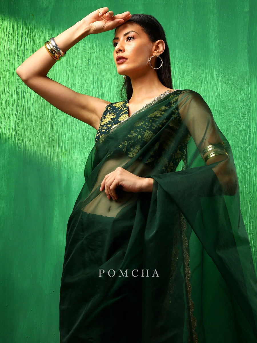 ADAA IDIKA GREEN ORGANZA SAREE - Pomcha Jaipur