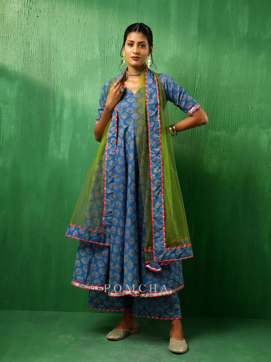 ADAA LOTUS BLUE COTTON ANARKALI SET - Pomcha Jaipur