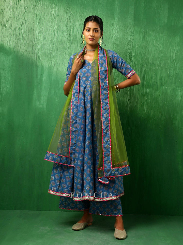 ADAA LOTUS BLUE COTTON ANARKALI SET - Pomcha Jaipur