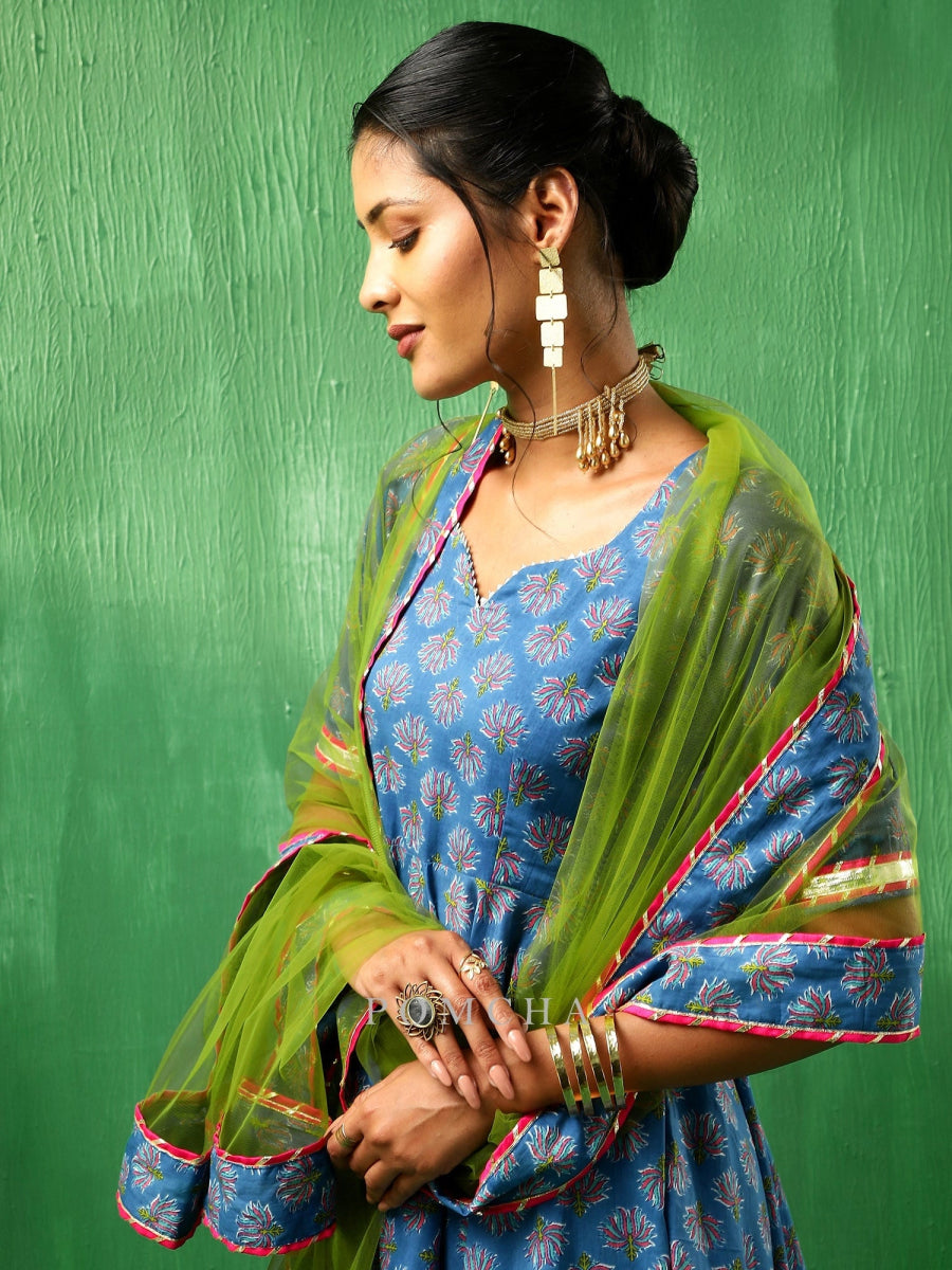 ADAA LOTUS BLUE COTTON ANARKALI SET - Pomcha Jaipur