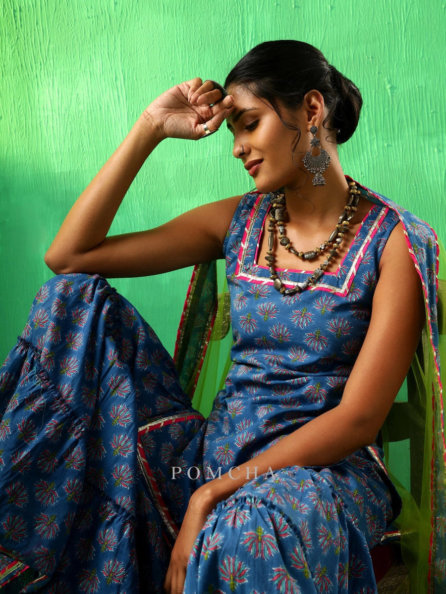 ADAA LOTUS BLUE COTTON SHARARA SET - Pomcha Jaipur