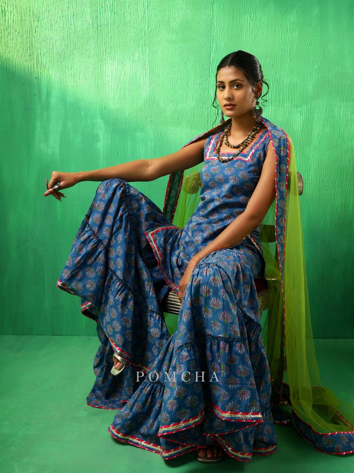 ADAA LOTUS BLUE COTTON SHARARA SET - Pomcha Jaipur