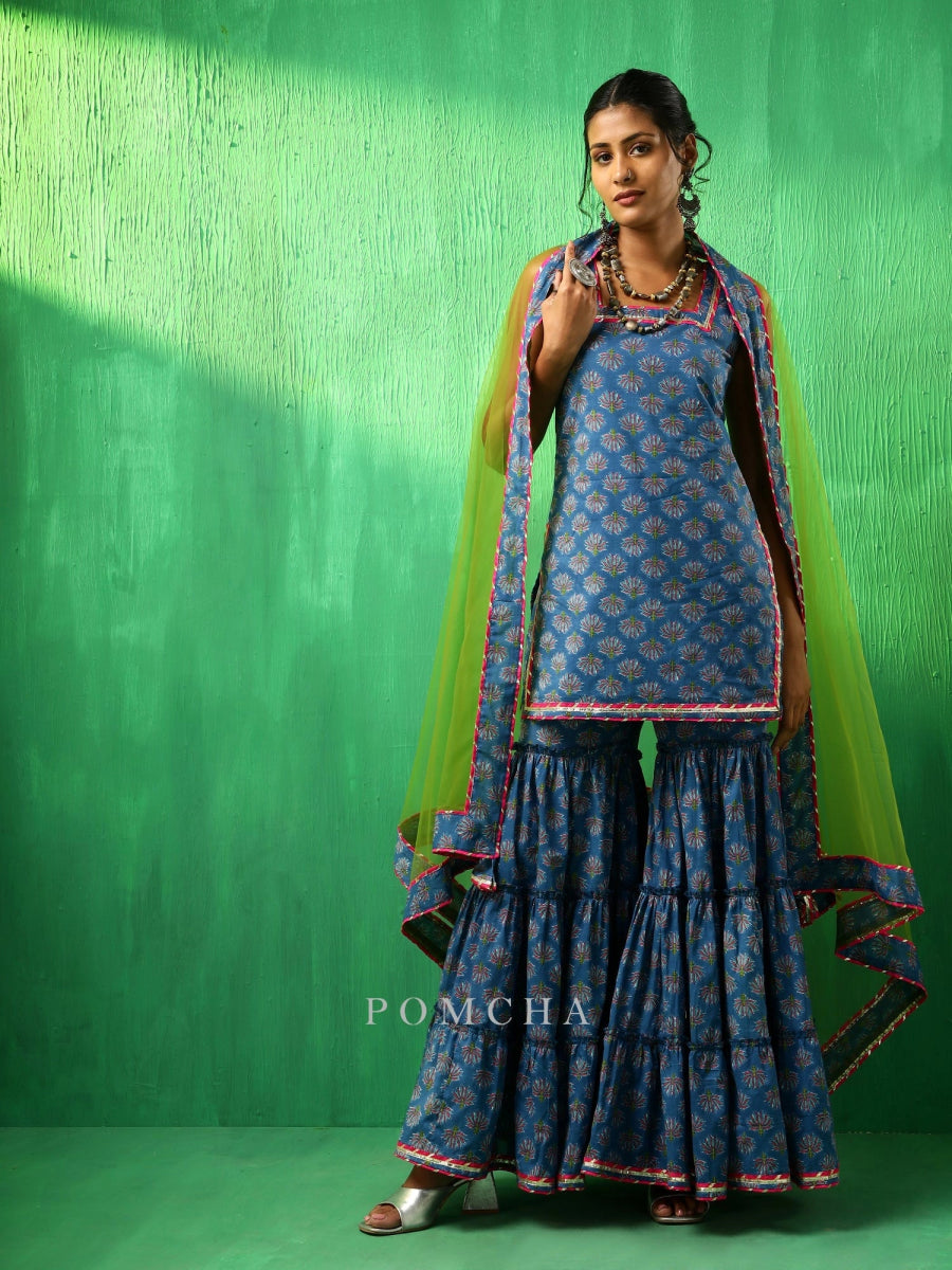 ADAA LOTUS BLUE COTTON SHARARA SET - Pomcha Jaipur