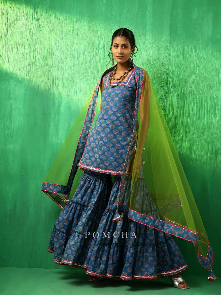 ADAA LOTUS BLUE COTTON SHARARA SET - Pomcha Jaipur