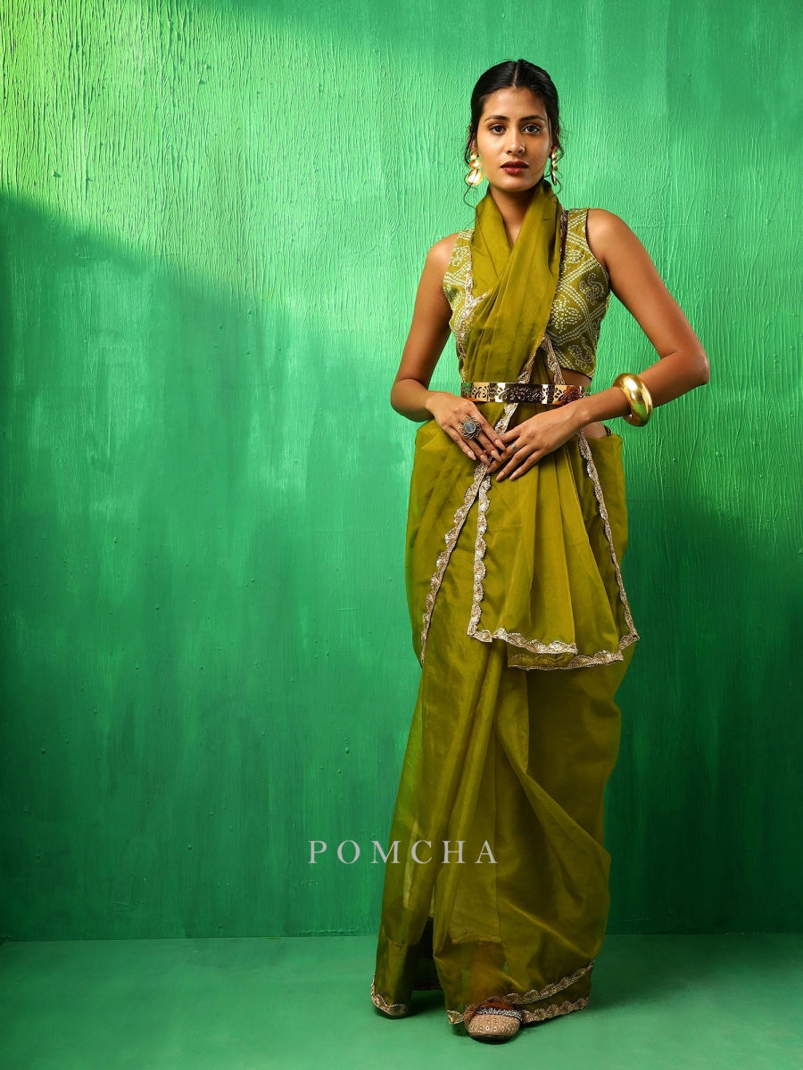 ADAA MEHENDI GREEN ORGANZA SAREE - Pomcha Jaipur