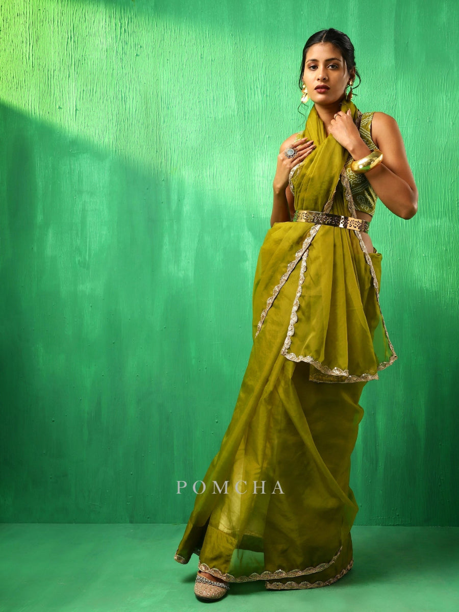 ADAA MEHENDI GREEN ORGANZA SAREE - Pomcha Jaipur