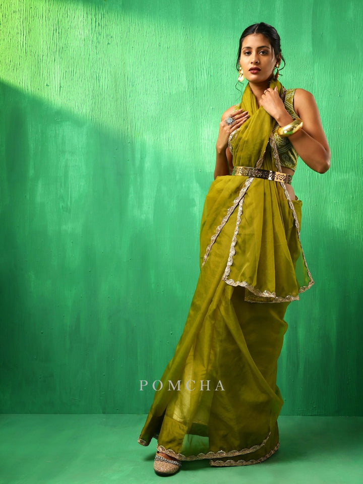 ADAA MEHENDI GREEN ORGANZA SAREE - Pomcha Jaipur