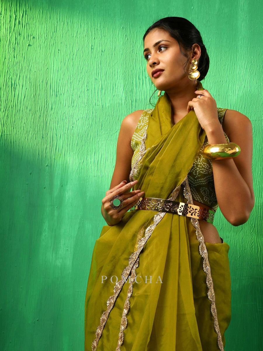 ADAA MEHENDI GREEN ORGANZA SAREE - Pomcha Jaipur