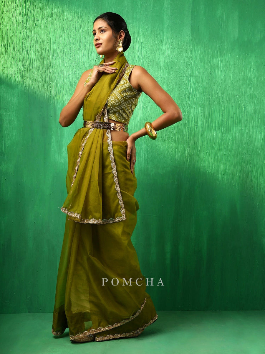 ADAA MEHENDI GREEN ORGANZA SAREE - Pomcha Jaipur