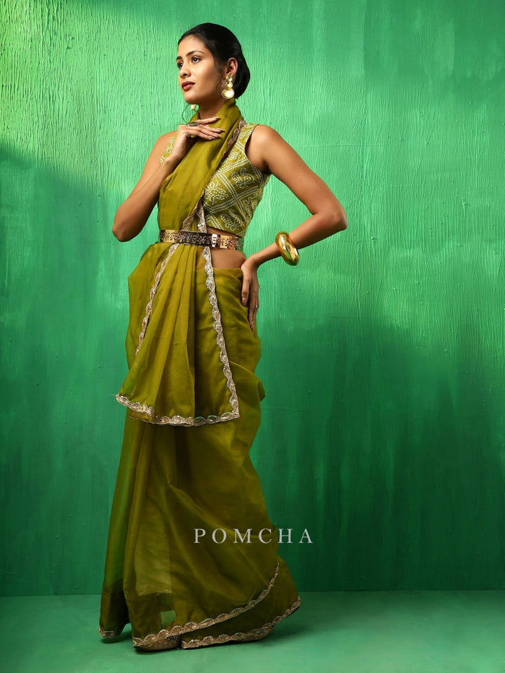 ADAA MEHENDI GREEN ORGANZA SAREE - Pomcha Jaipur