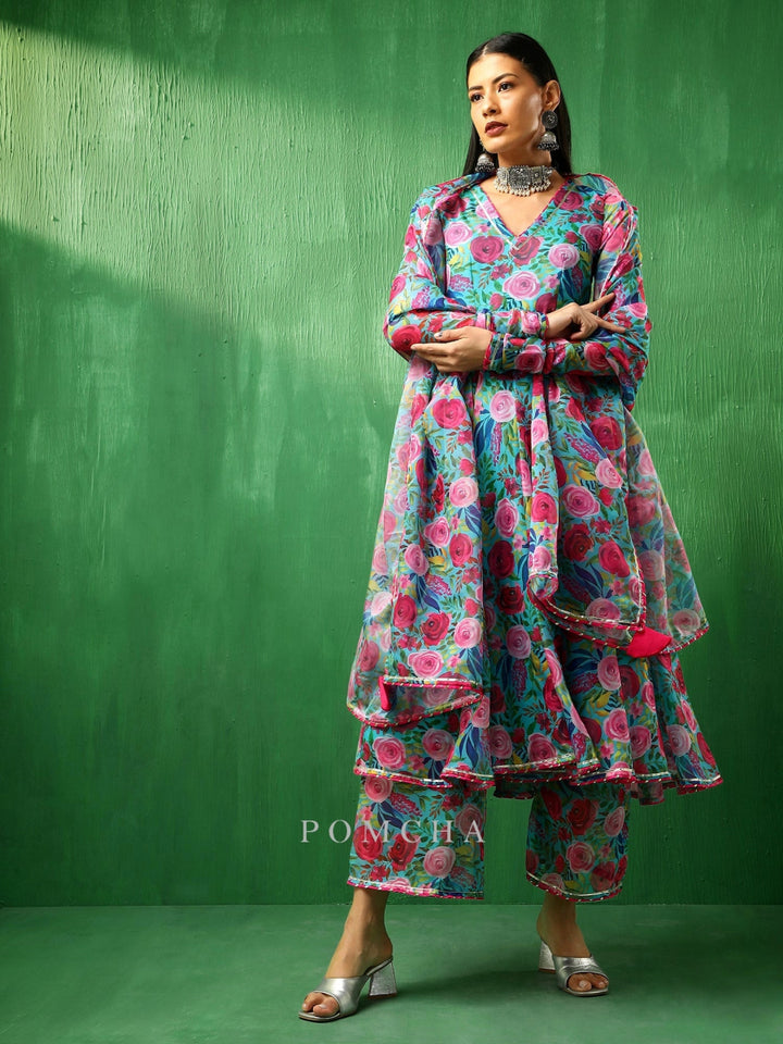 ADAA MULTICOLOR FLORAL ORGANZA ANARKALI SET - Pomcha Jaipur