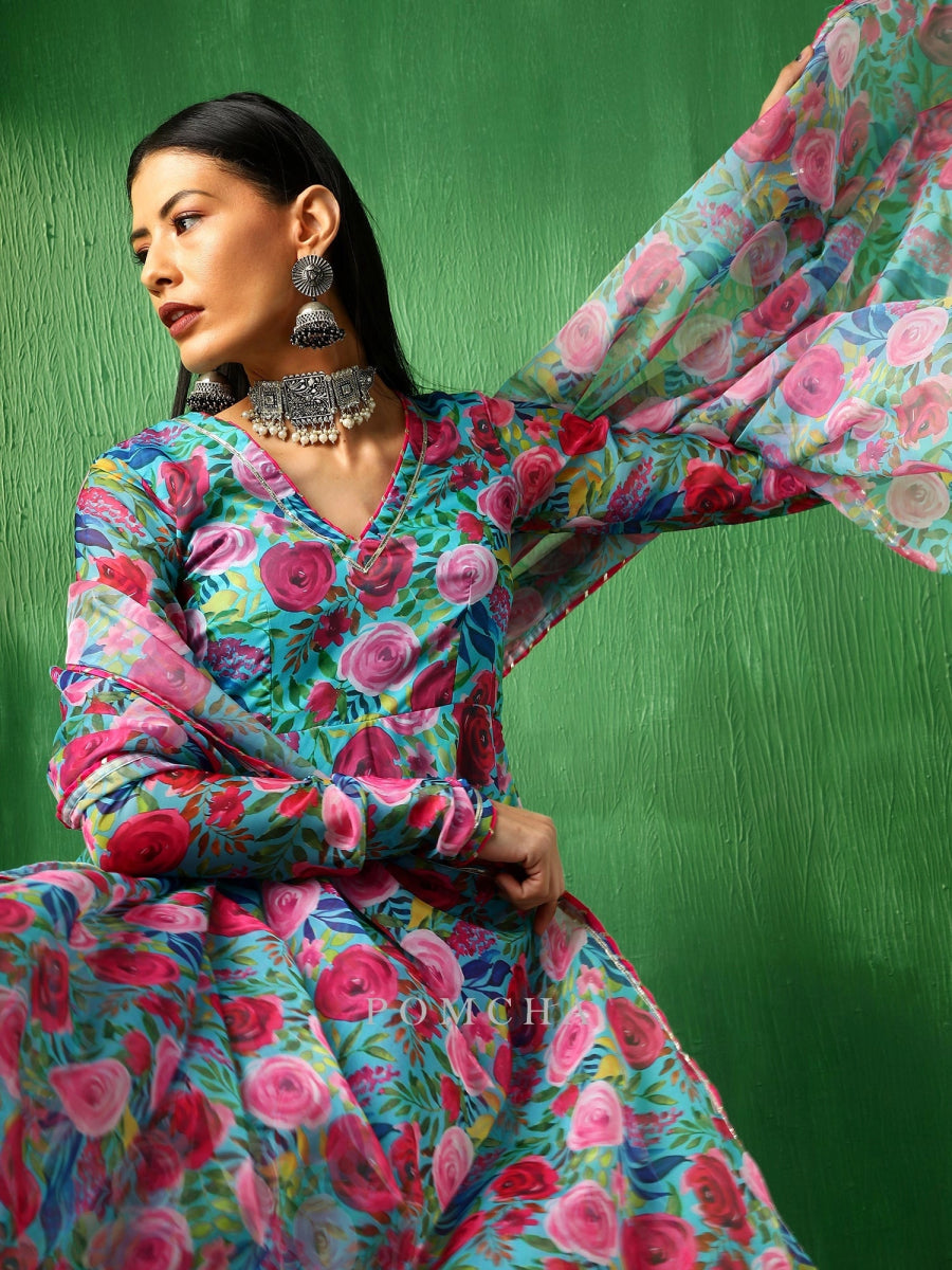 ADAA MULTICOLOR FLORAL ORGANZA ANARKALI SET - Pomcha Jaipur