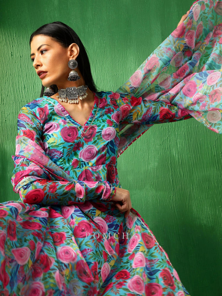 ADAA MULTICOLOR FLORAL ORGANZA ANARKALI SET - Pomcha Jaipur