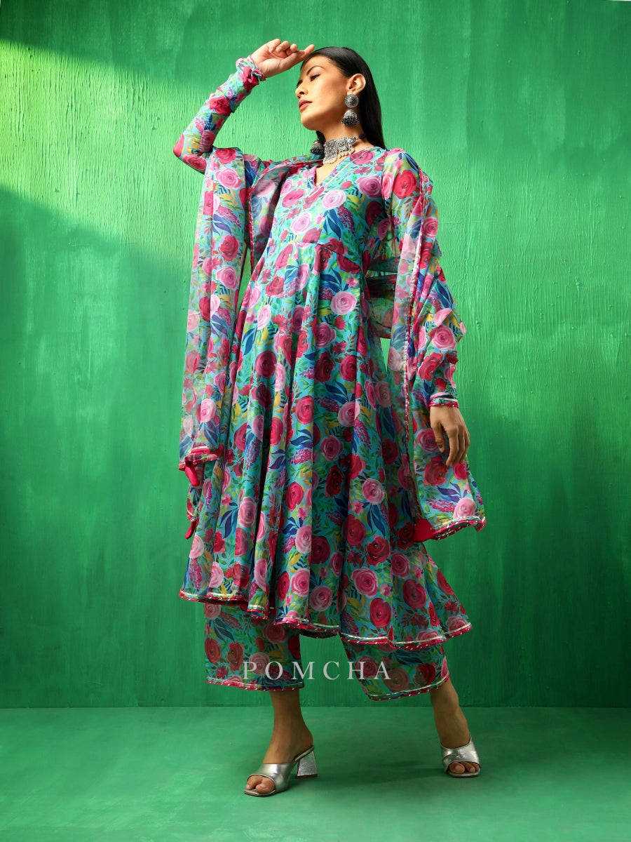 ADAA MULTICOLOR FLORAL ORGANZA ANARKALI SET - Pomcha Jaipur